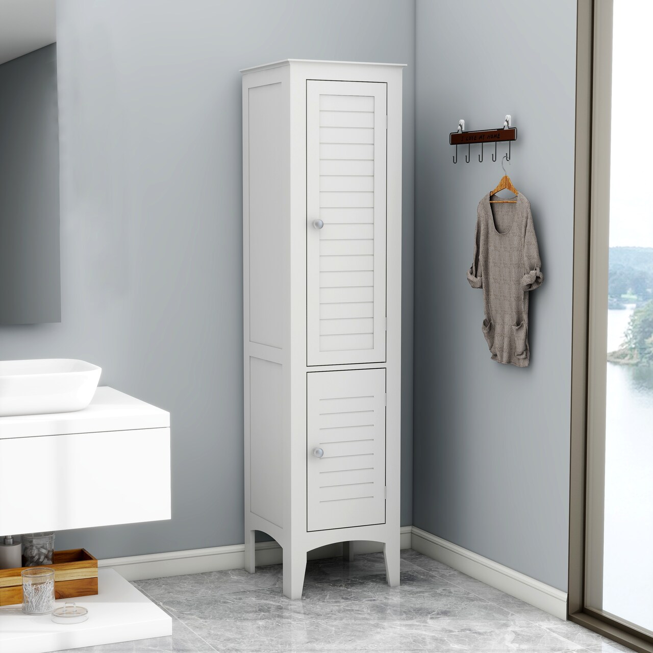 Tall Narrow Tower Cabinet with Shutter Doors - 46.42 | Stylish Storage Solution